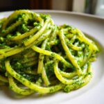Close-up of thick pasta noodles coated generously in bright green Vegan Basil Pesto on a white plate.