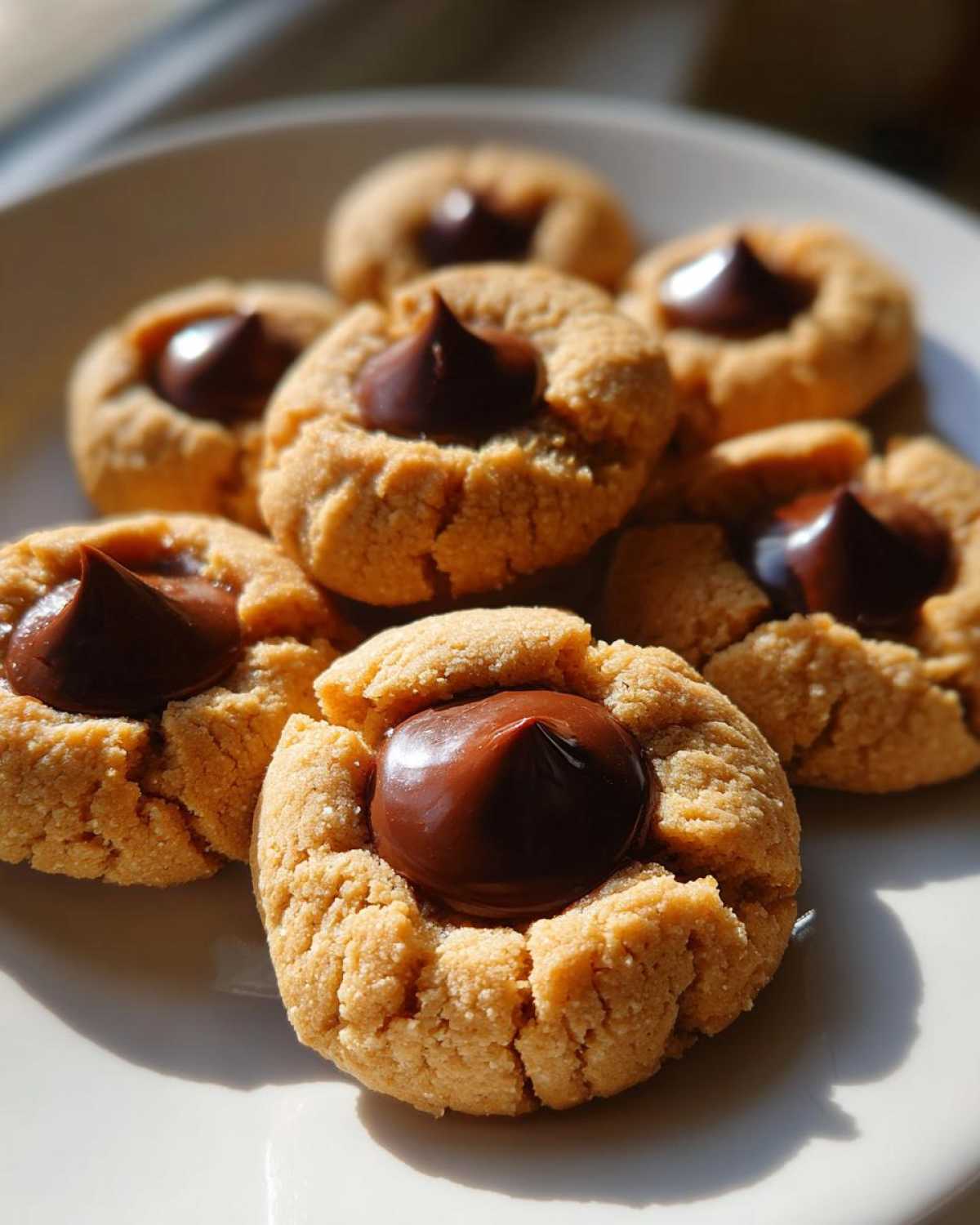 A close-up of several golden Peanut Butter Blossom Cookies with a dollop of melted chocolate in the center.