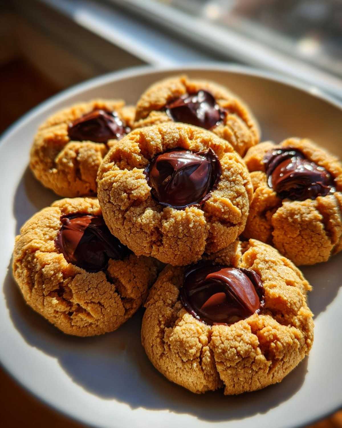 A plate of freshly baked Peanut Butter Blossom Cookies with melted chocolate centers, highlighted by bright sunlight.