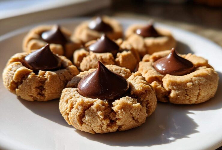 A close-up shot of several freshly baked Peanut Butter Blossom Cookies arranged on a white plate, each topped with a chocolate kiss.