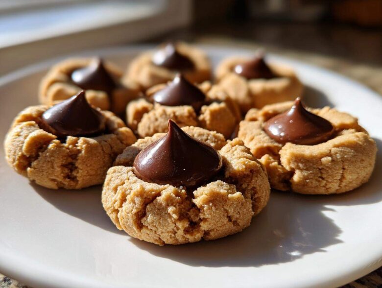 A close-up shot of several freshly baked Peanut Butter Blossom Cookies arranged on a white plate, each topped with a chocolate kiss.