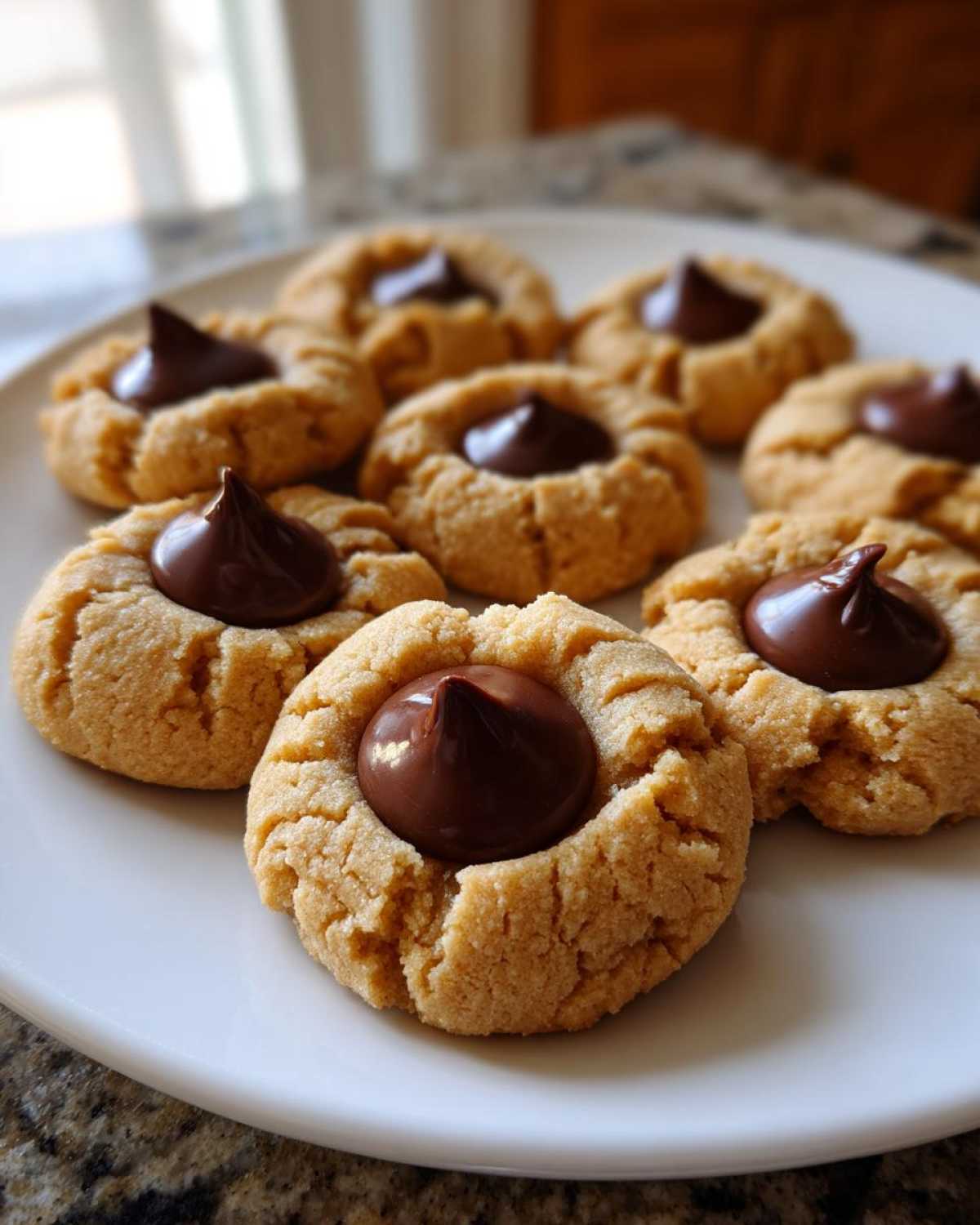 A plate of freshly baked Peanut Butter Blossom Cookies, each topped with a melted chocolate kiss.