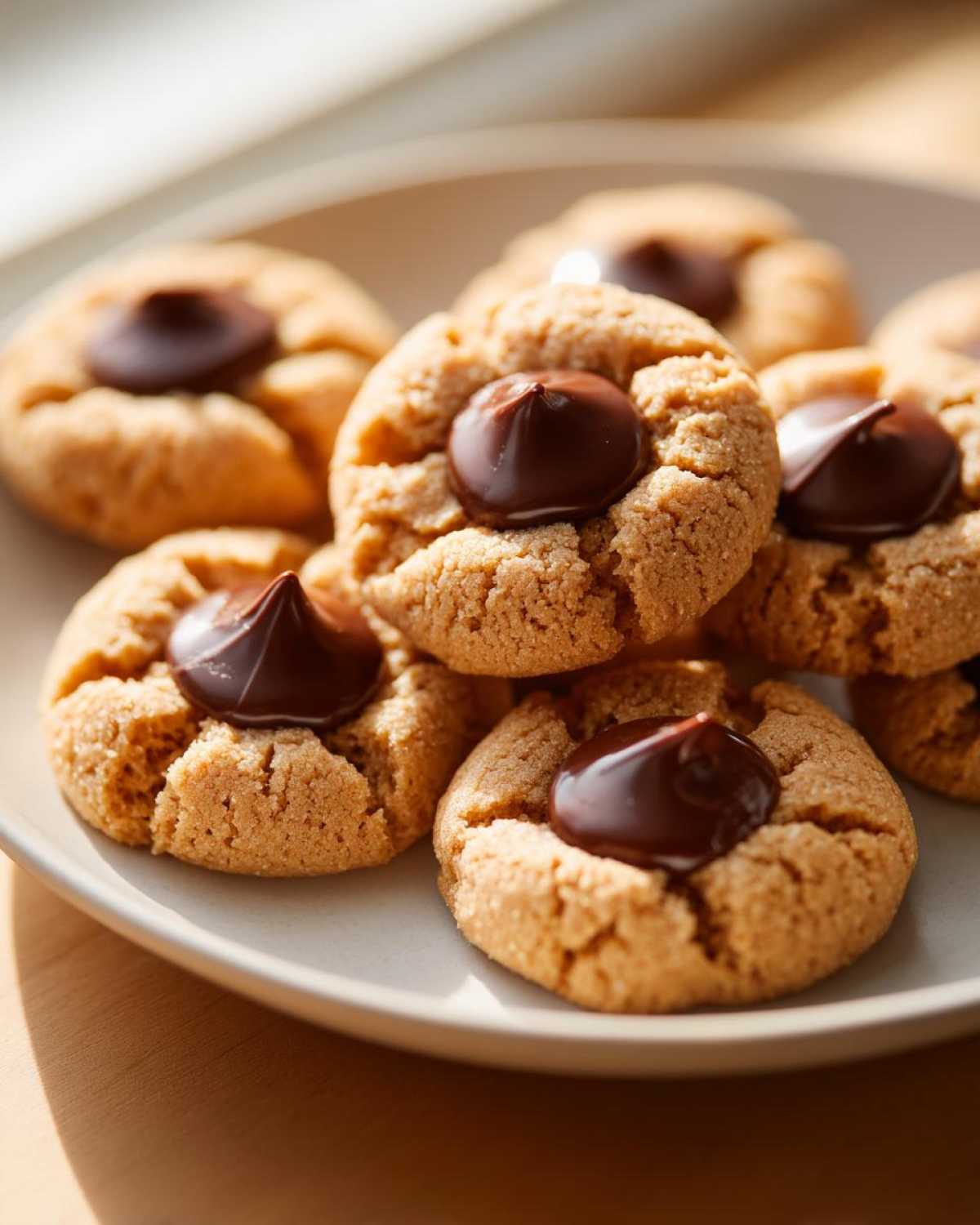A stack of freshly baked Peanut Butter Blossom Cookies with melted chocolate kisses on a light plate.