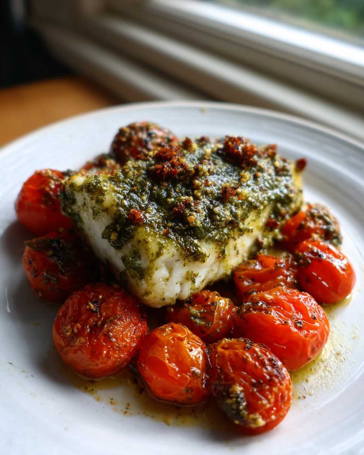 Close-up of flaky white fish topped with green pesto and served with roasted cherry tomatoes, inspired by One-Pan Pesto Chicken with Tomatoes.
