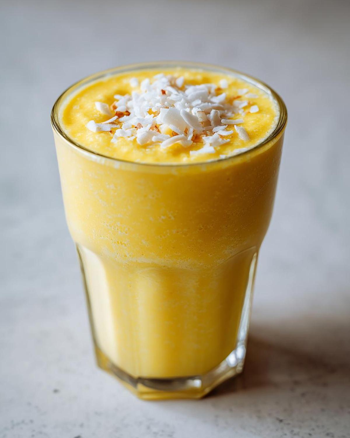 Close-up of a vibrant yellow Pineapple Coconut Smoothie topped with toasted coconut flakes.