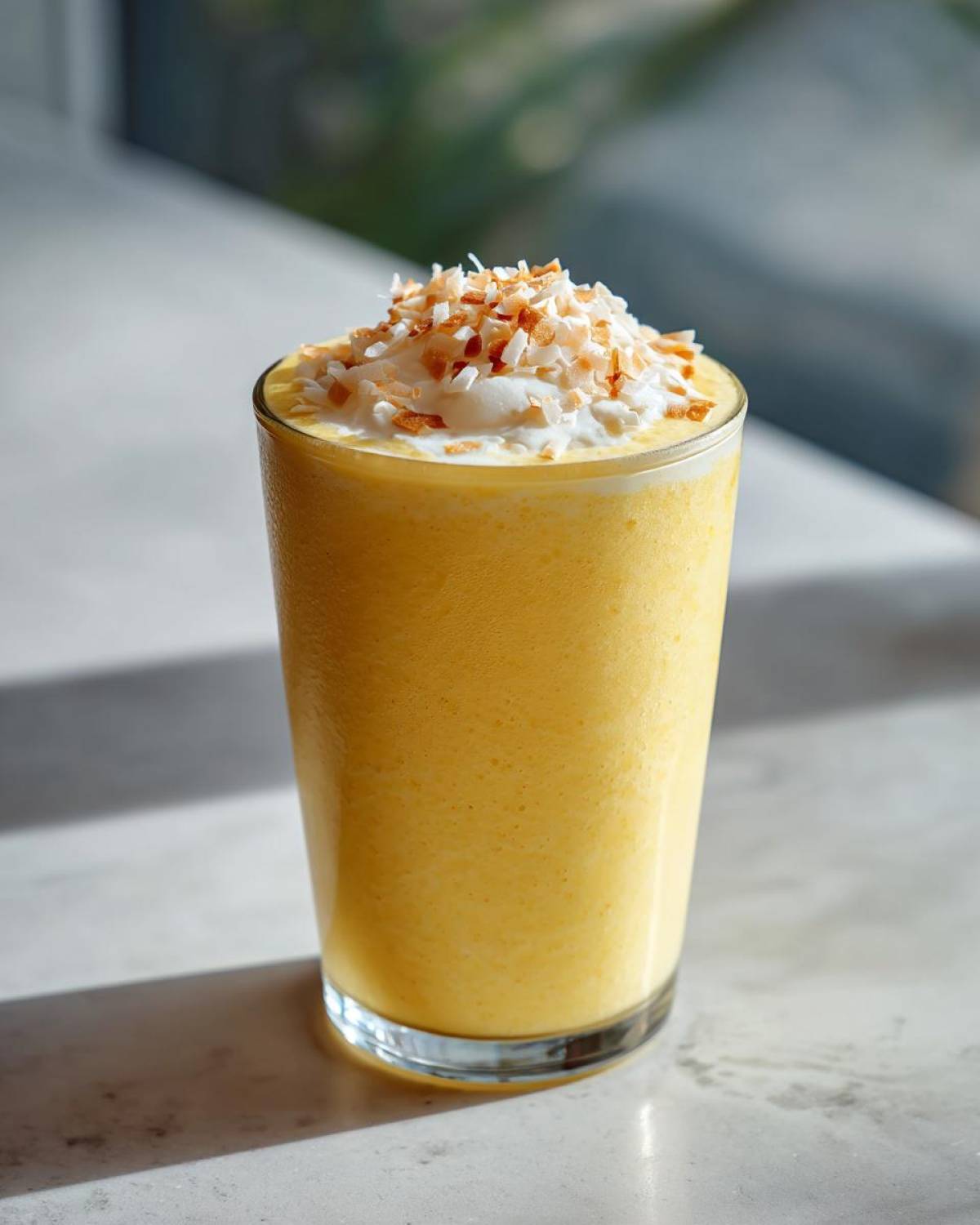 A vibrant yellow Pineapple Coconut Smoothie in a tall glass, topped with whipped cream and toasted coconut flakes.
