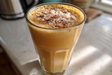 A tall glass of creamy, orange-hued Pineapple Coconut Smoothie topped with toasted coconut flakes and cinnamon.