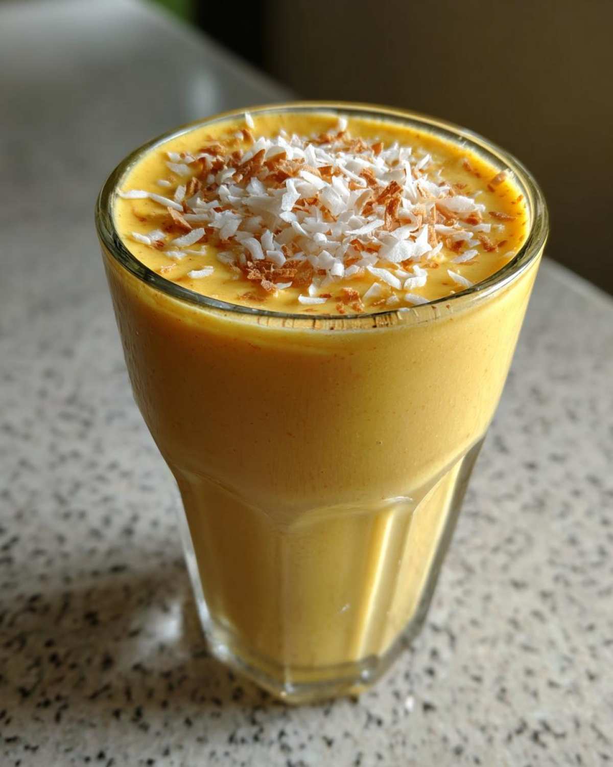 Close-up of a thick, yellow Pineapple Coconut Smoothie topped with shredded, toasted coconut flakes.