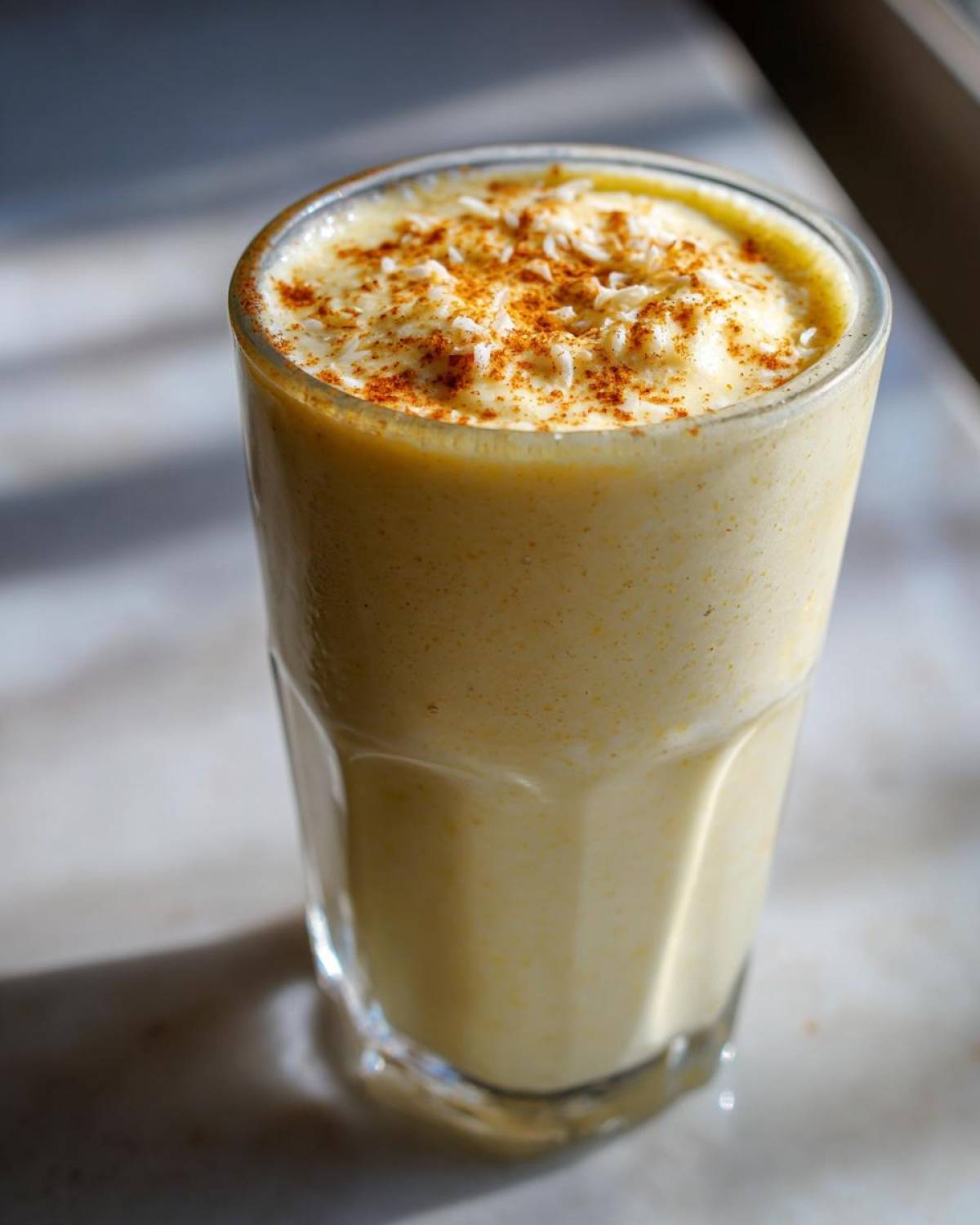 Close-up of a thick Pineapple Coconut Smoothie in a glass, topped with shredded coconut and a sprinkle of cinnamon.