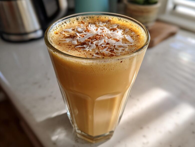 A tall glass of creamy, orange-hued Pineapple Coconut Smoothie topped with toasted coconut flakes and cinnamon.