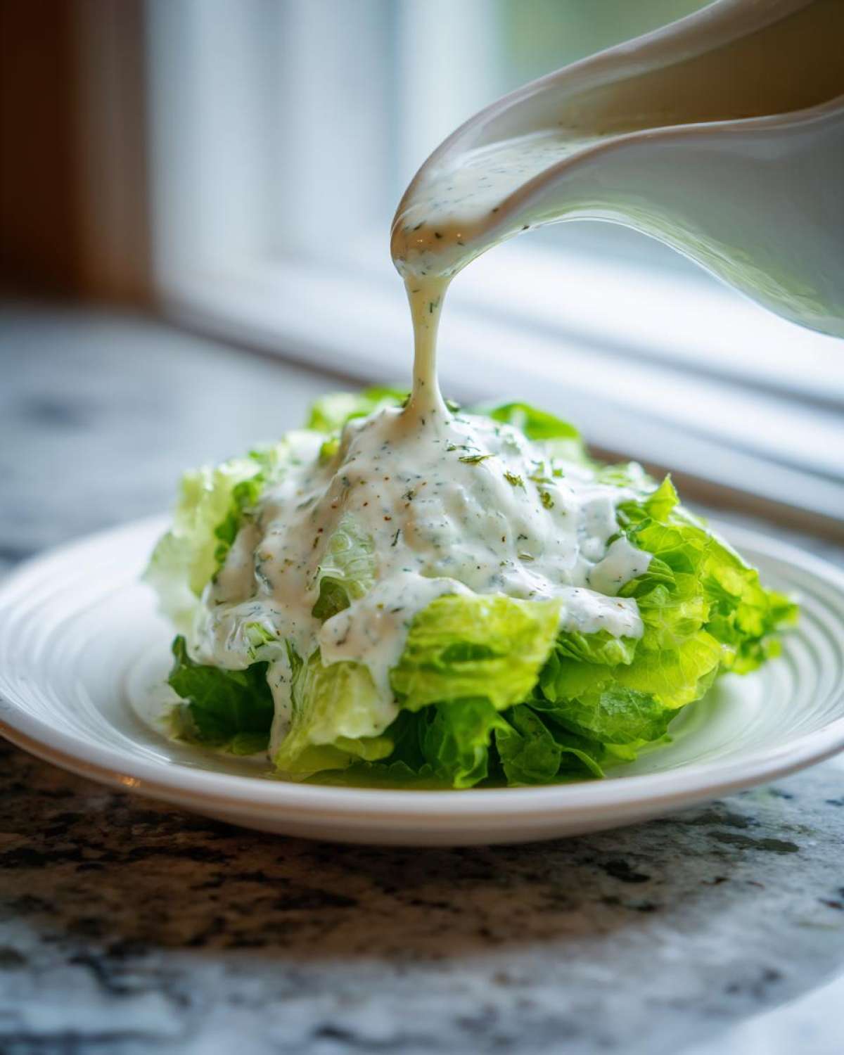 A white gravy boat pours creamy Copycat Olive Garden Salad Dressing over a small mound of crisp iceberg lettuce.