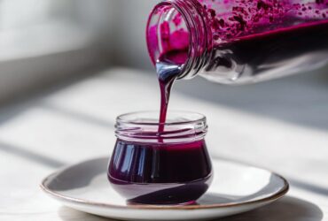 A glass jar is being filled with rich, dark purple Homemade Blueberry Syrup being poured from a larger bottle.