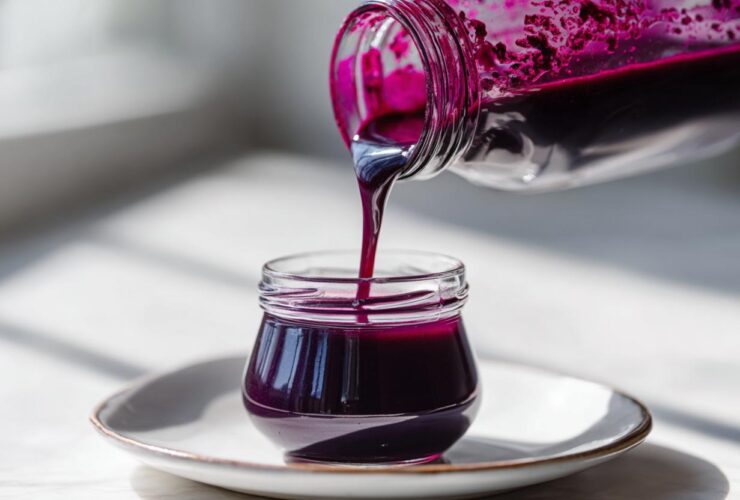 A glass jar is being filled with rich, dark purple Homemade Blueberry Syrup being poured from a larger bottle.