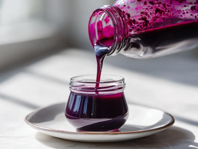 A glass jar is being filled with rich, dark purple Homemade Blueberry Syrup being poured from a larger bottle.
