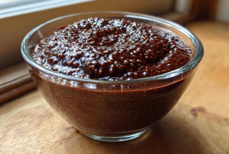 Close-up of rich Vegan Chocolate Chia Pudding texture in a clear glass bowl set on a wooden surface.