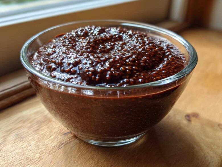 Close-up of rich Vegan Chocolate Chia Pudding texture in a clear glass bowl set on a wooden surface.