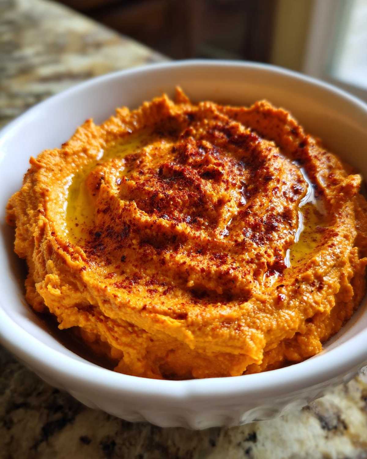 Close-up of creamy Roasted Red Pepper Hummus swirled in a white bowl, drizzled with olive oil and sprinkled with paprika.