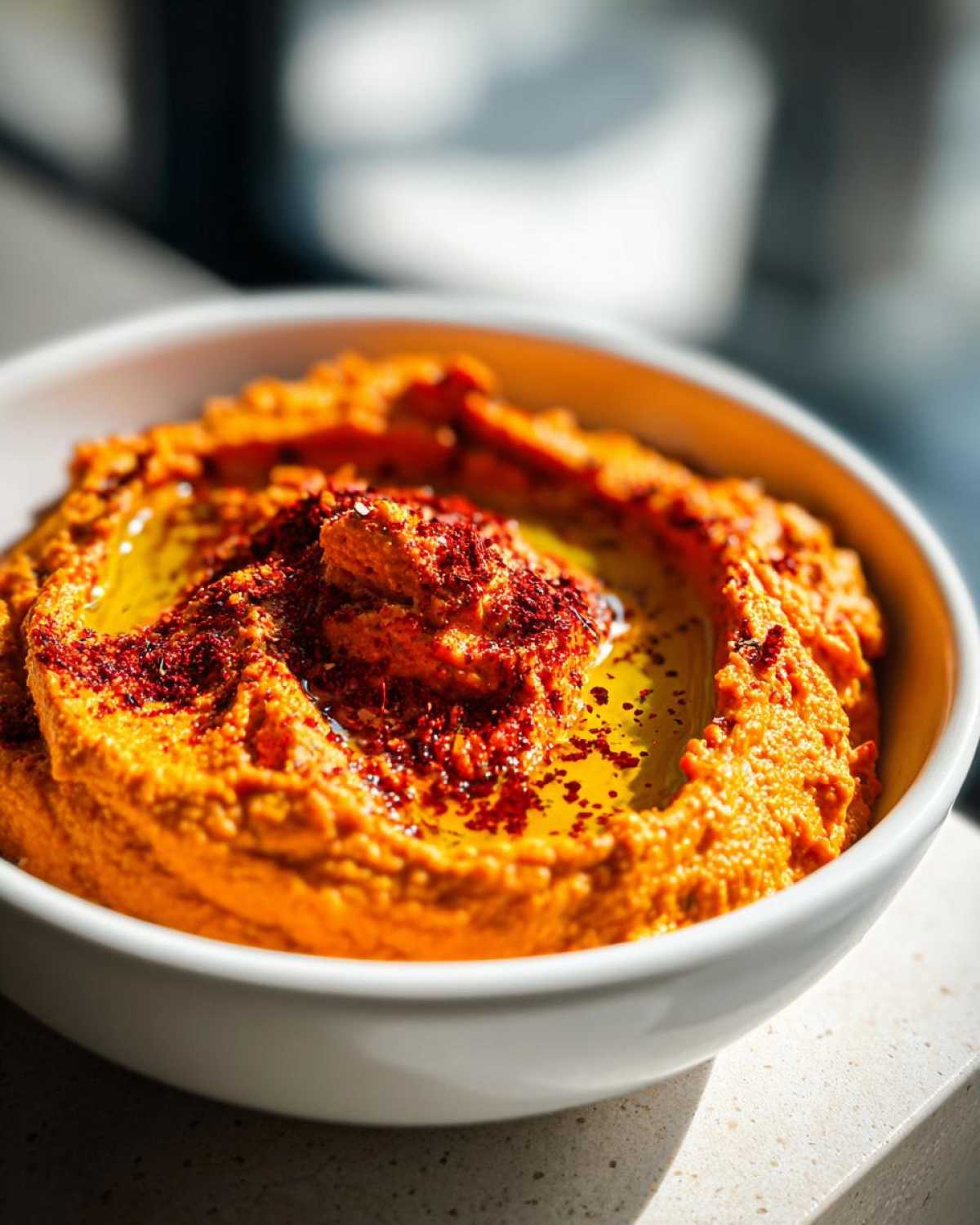 Close-up of vibrant orange Roasted Red Pepper Hummus topped with olive oil and paprika in a white bowl.