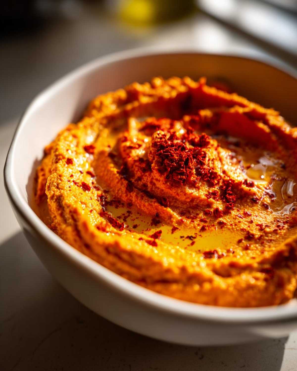 Close-up of creamy Roasted Red Pepper Hummus swirled in a white bowl, drizzled with olive oil and topped with paprika.