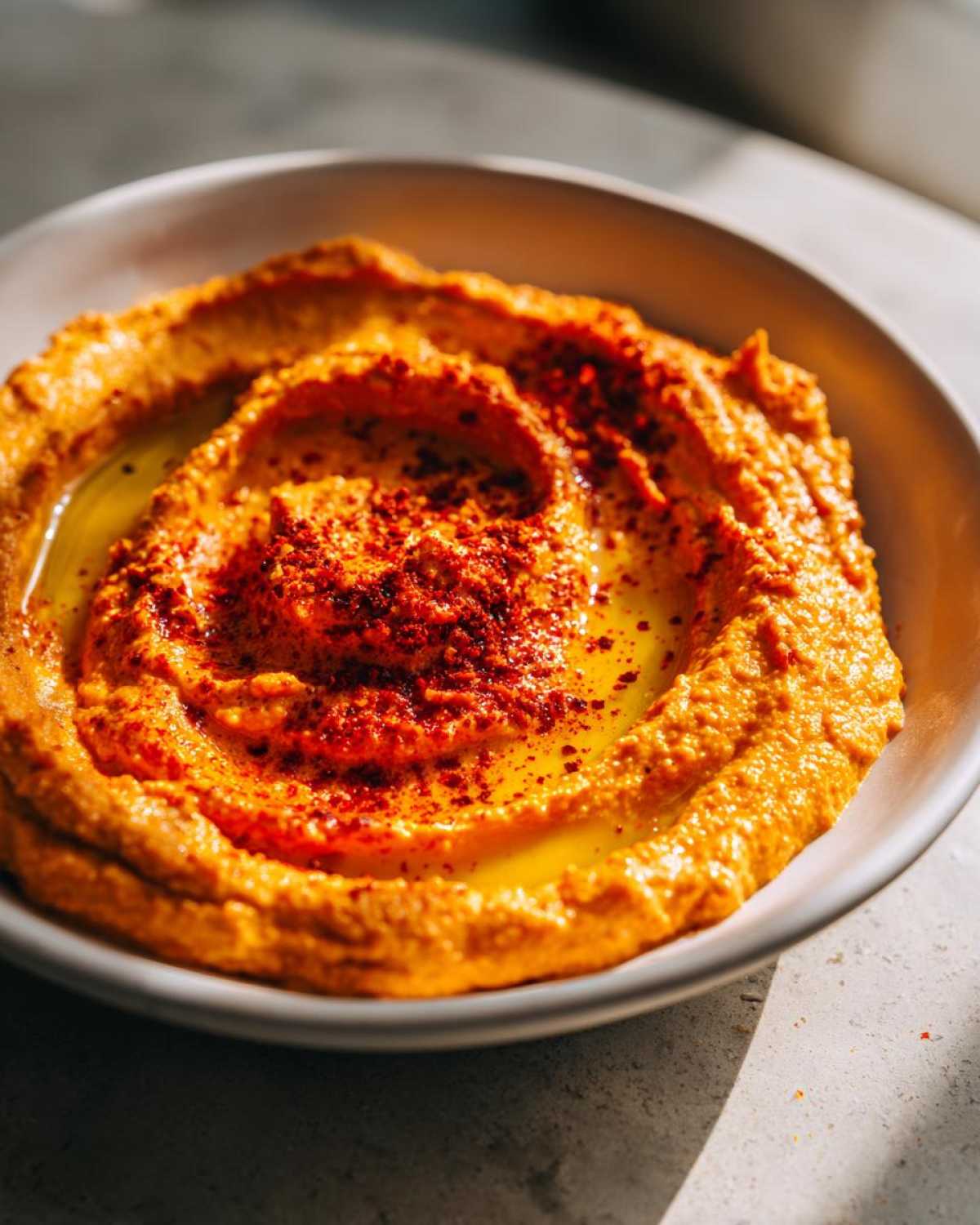 Close-up of vibrant orange Roasted Red Pepper Hummus swirled in a bowl, drizzled with olive oil and sprinkled with paprika.
