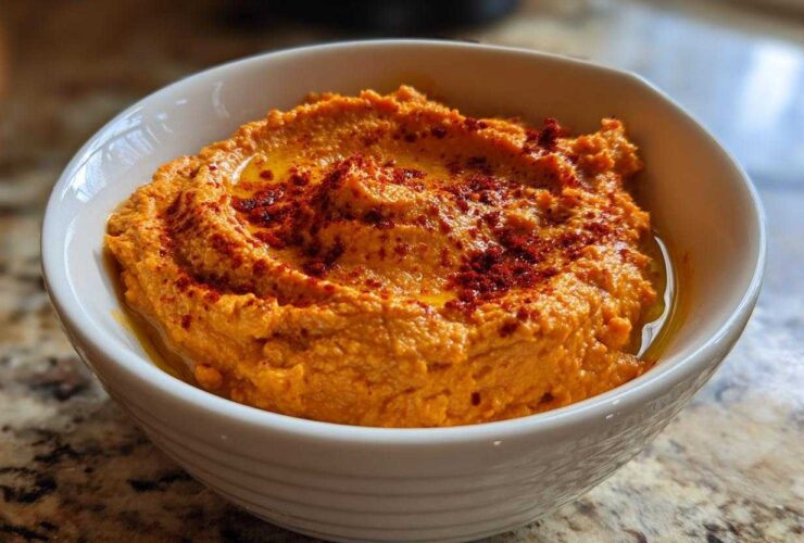 A close-up of vibrant orange Roasted Red Pepper Hummus topped with olive oil and paprika in a white bowl.