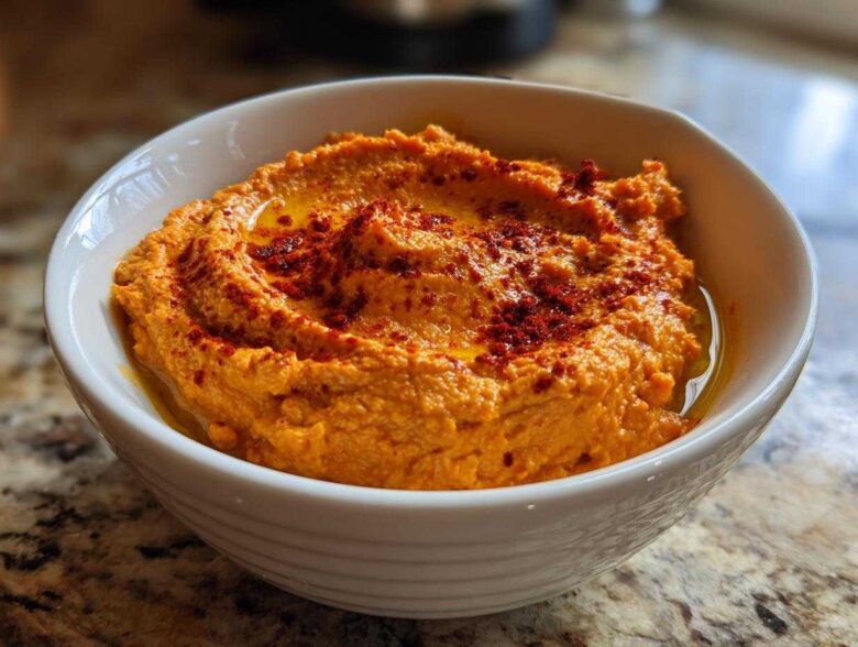 A close-up of vibrant orange Roasted Red Pepper Hummus topped with olive oil and paprika in a white bowl.