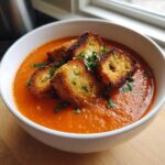 A white bowl filled with vibrant orange Roasted Tomato Basil Soup topped with golden Grilled Cheese Croutons and fresh basil.