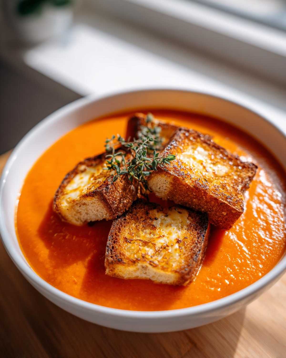 A bowl of vibrant orange Roasted Tomato Basil Soup topped with golden Grilled Cheese Croutons and fresh thyme.