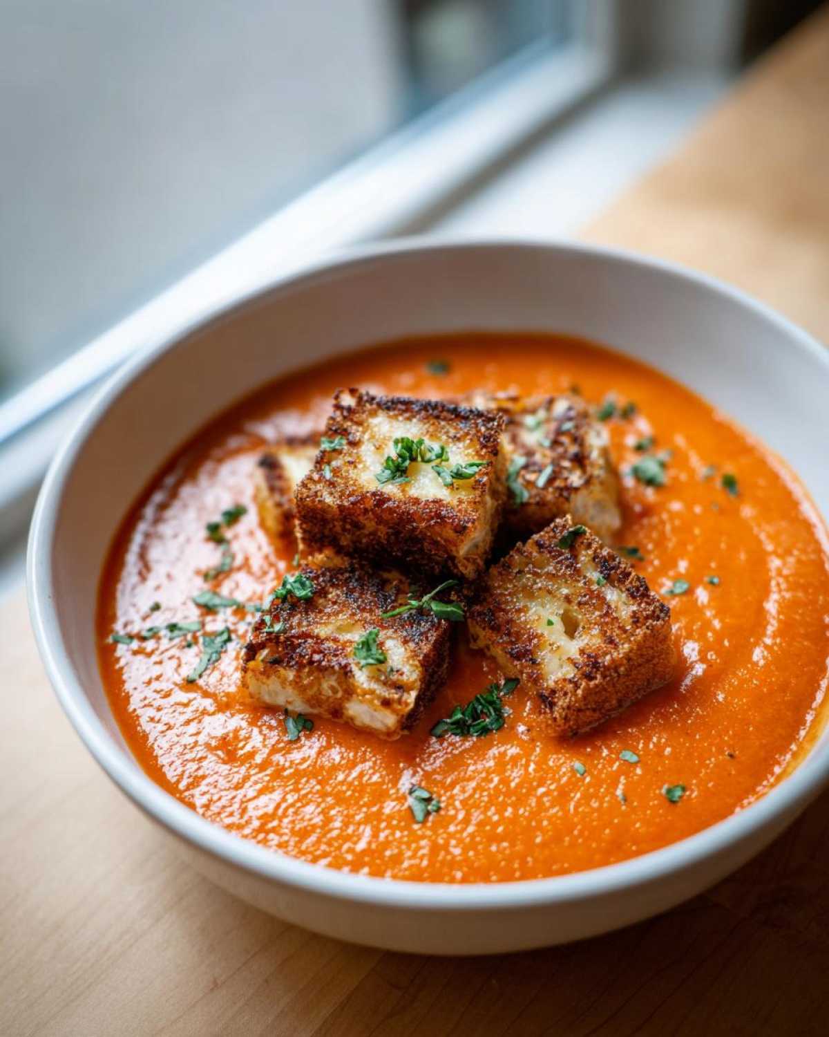 Close-up of vibrant orange Roasted Tomato Basil Soup topped with golden Grilled Cheese Croutons and fresh herbs.