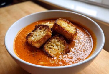 A white bowl filled with creamy Roasted Tomato Basil Soup, topped with three golden Grilled Cheese Croutons.