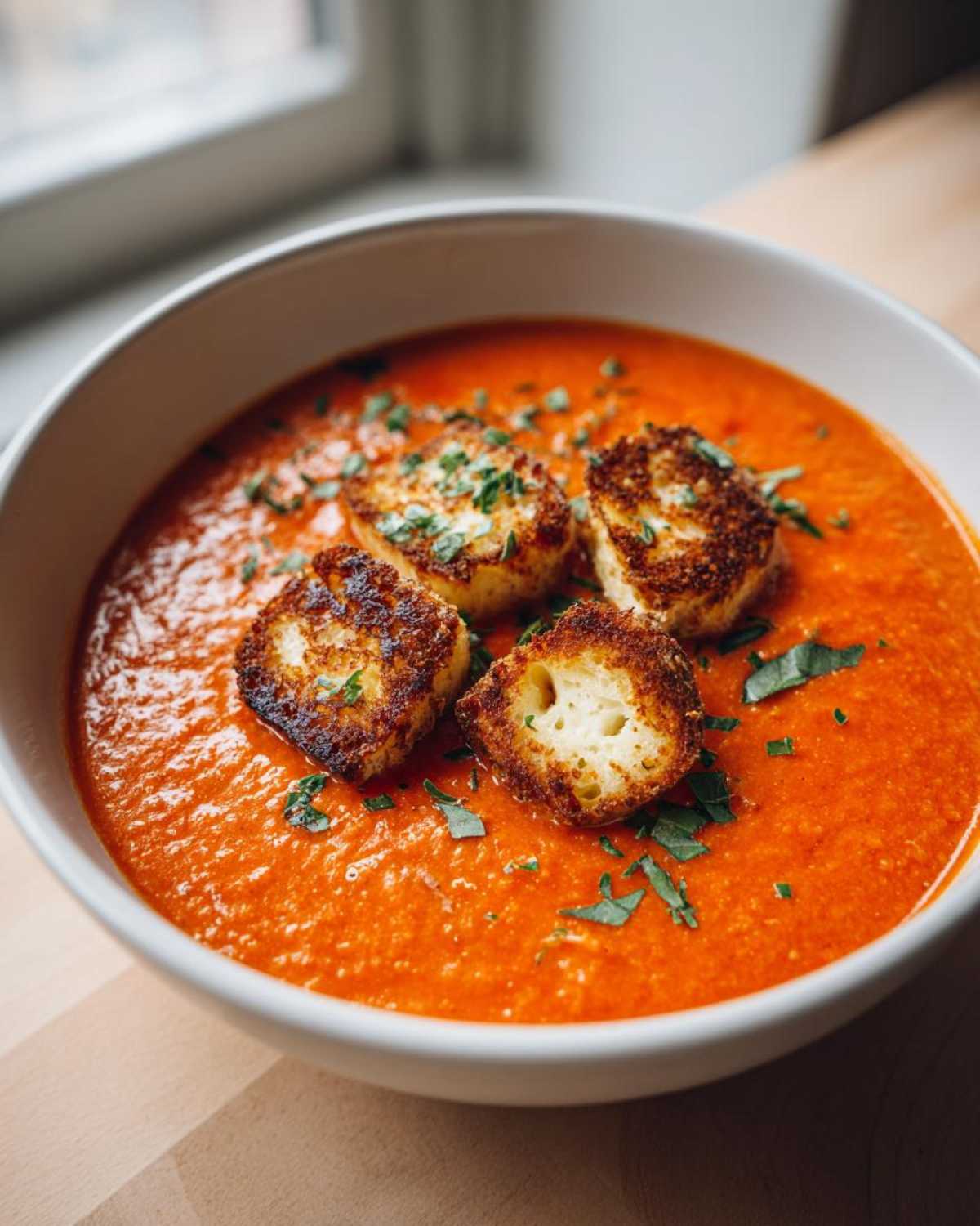 Close-up of rich Roasted Tomato Basil Soup topped with golden Grilled Cheese Croutons and fresh basil.