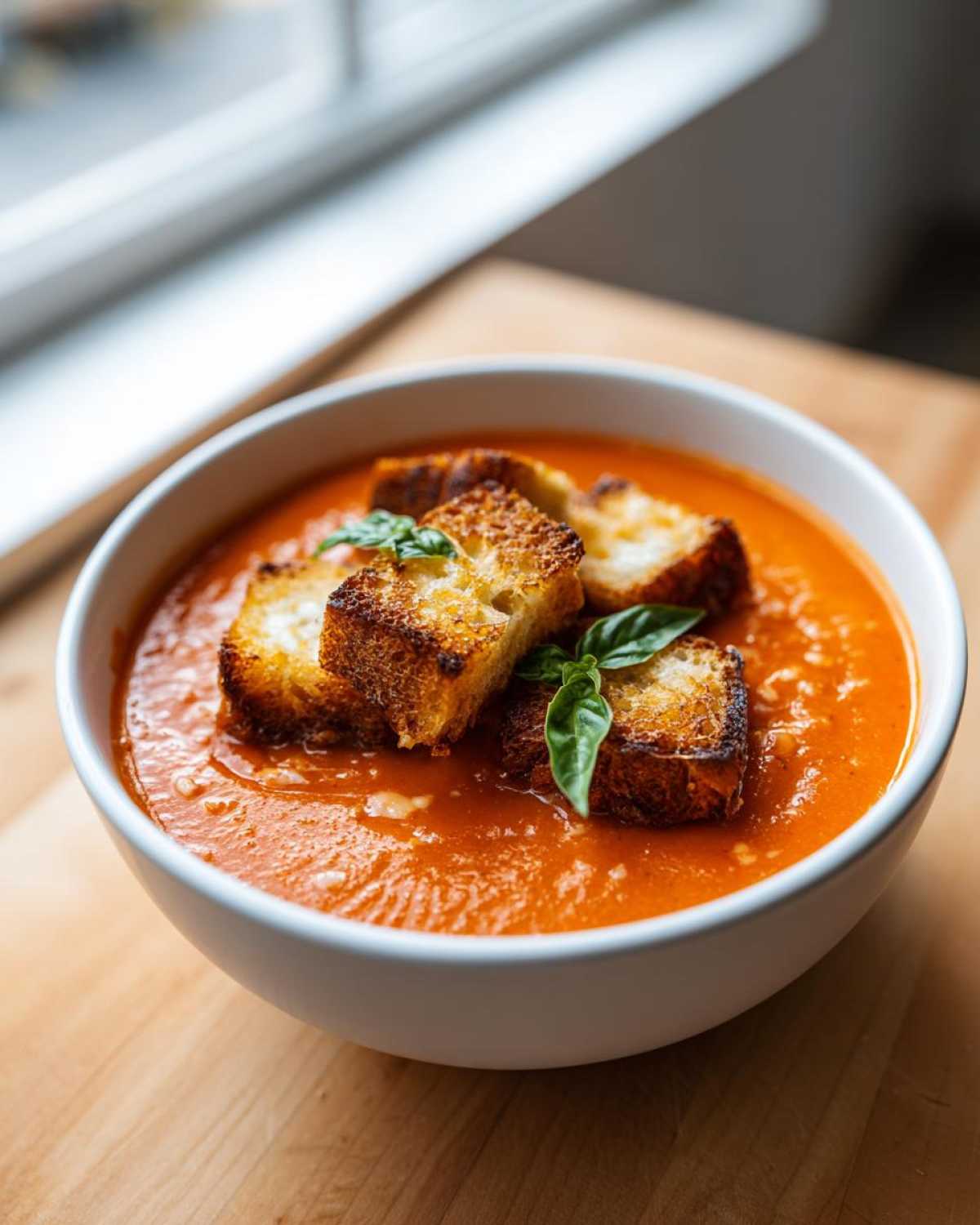 A white bowl filled with rich Roasted Tomato Basil Soup topped with golden Grilled Cheese Croutons and fresh basil.