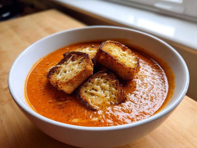 A white bowl filled with creamy Roasted Tomato Basil Soup, topped with three golden Grilled Cheese Croutons.