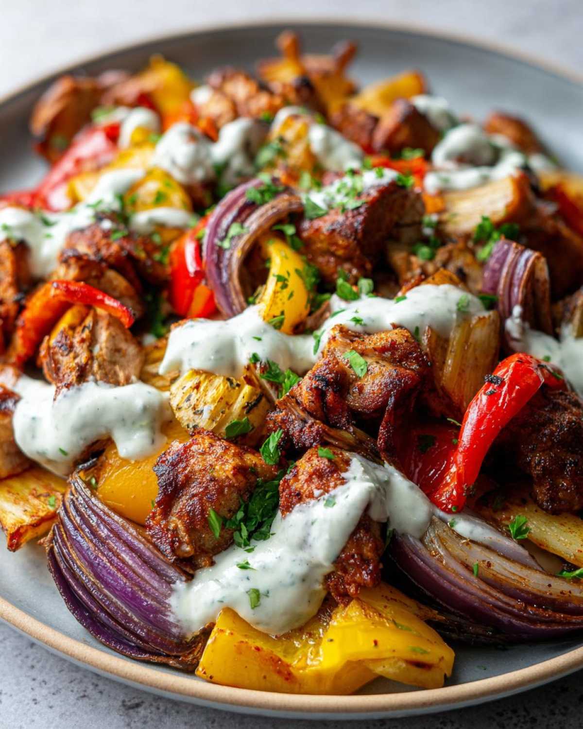 Close-up of Sheet Pan Chicken Shawarma pieces mixed with roasted red onion, peppers, drizzled with garlic yogurt sauce.