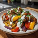 Close-up of Sheet Pan Chicken Shawarma pieces served over roasted peppers and onions, drizzled with garlic yogurt sauce.