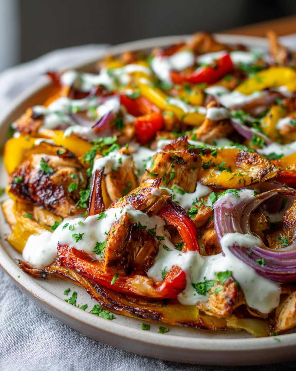 Close-up of Sheet Pan Chicken Shawarma pieces mixed with roasted peppers and red onion, drizzled generously with garlic yogurt sauce.