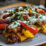 Close-up of Sheet Pan Chicken Shawarma served on a plate with roasted peppers, onions, and drizzled with garlic yogurt sauce.