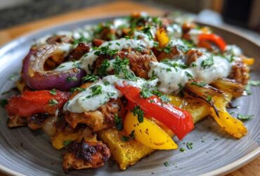 Close-up of Sheet Pan Chicken Shawarma served on a plate with roasted peppers, onions, and drizzled with garlic yogurt sauce.