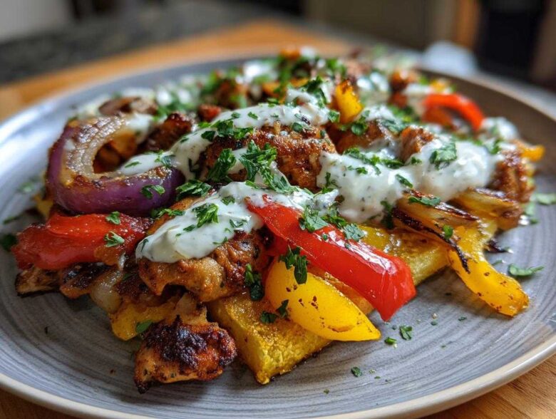 Close-up of Sheet Pan Chicken Shawarma served on a plate with roasted peppers, onions, and drizzled with garlic yogurt sauce.