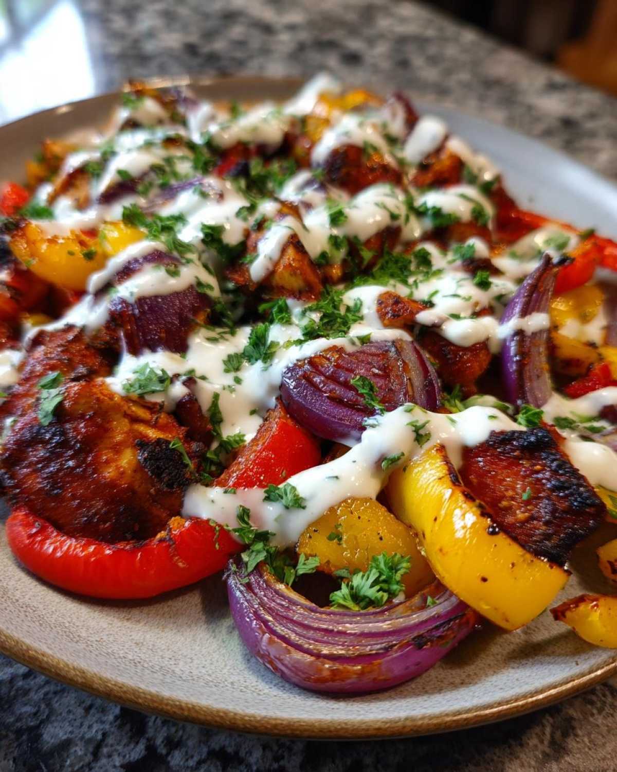 Close-up of Sheet Pan Chicken Shawarma pieces mixed with roasted red and yellow peppers and red onions, drizzled with garlic yogurt sauce.