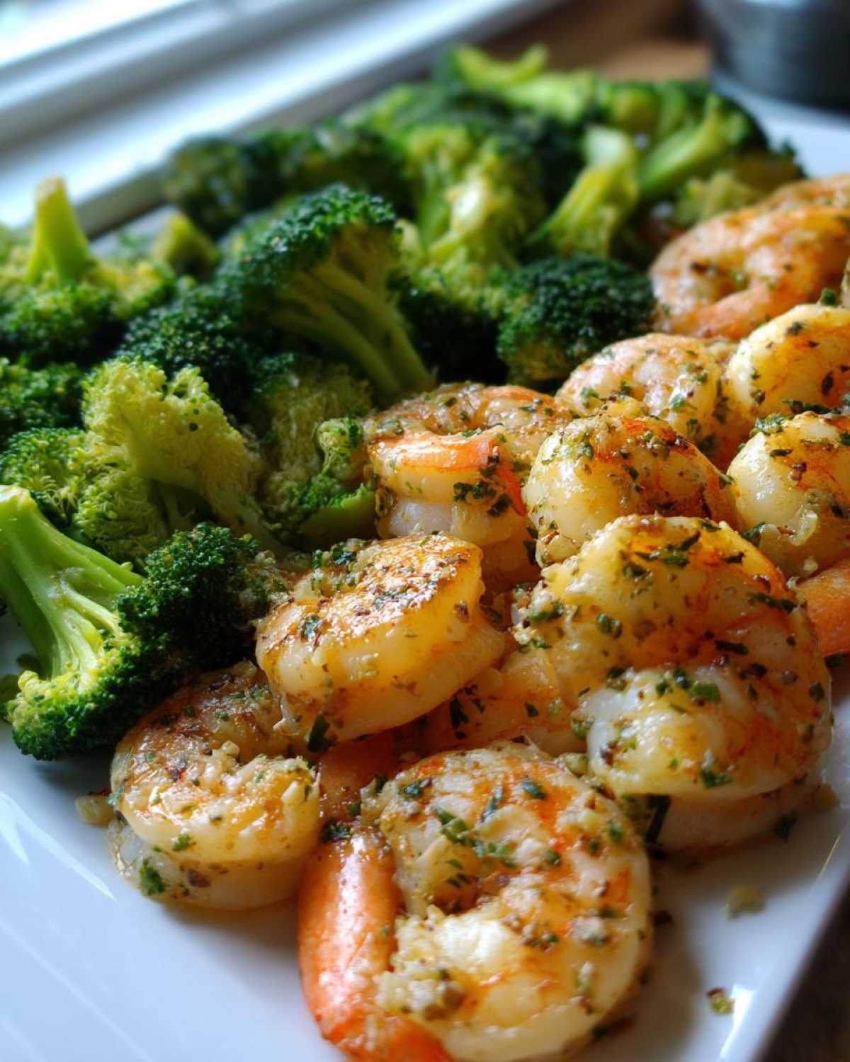 Close-up of cooked shrimp coated in garlic butter and herbs next to bright green broccoli florets.