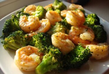 Close-up of cooked shrimp and bright green broccoli florets seasoned for Sheet Pan Garlic Butter Shrimp and Broccoli.