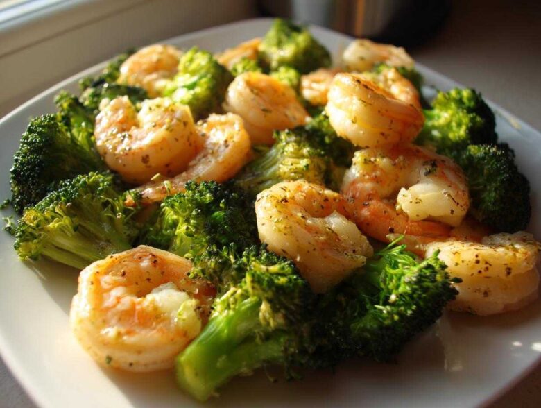 Close-up of cooked shrimp and bright green broccoli florets seasoned for Sheet Pan Garlic Butter Shrimp and Broccoli.
