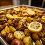 Close-up of baked Sheet Pan Lemon Pepper Chicken and Potatoes garnished with lemon slices.