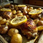 Close-up of golden brown Sheet Pan Lemon Pepper Chicken and Potatoes garnished with lemon slices and herbs.