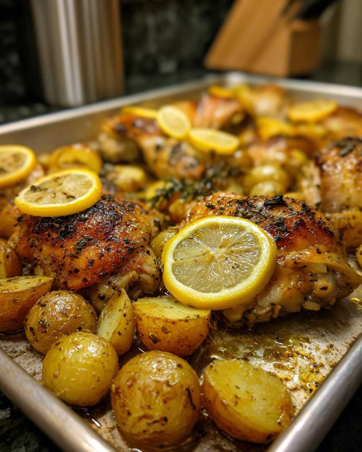 Close-up of Sheet Pan Lemon Pepper Chicken and Potatoes roasted with lemon slices and herbs.
