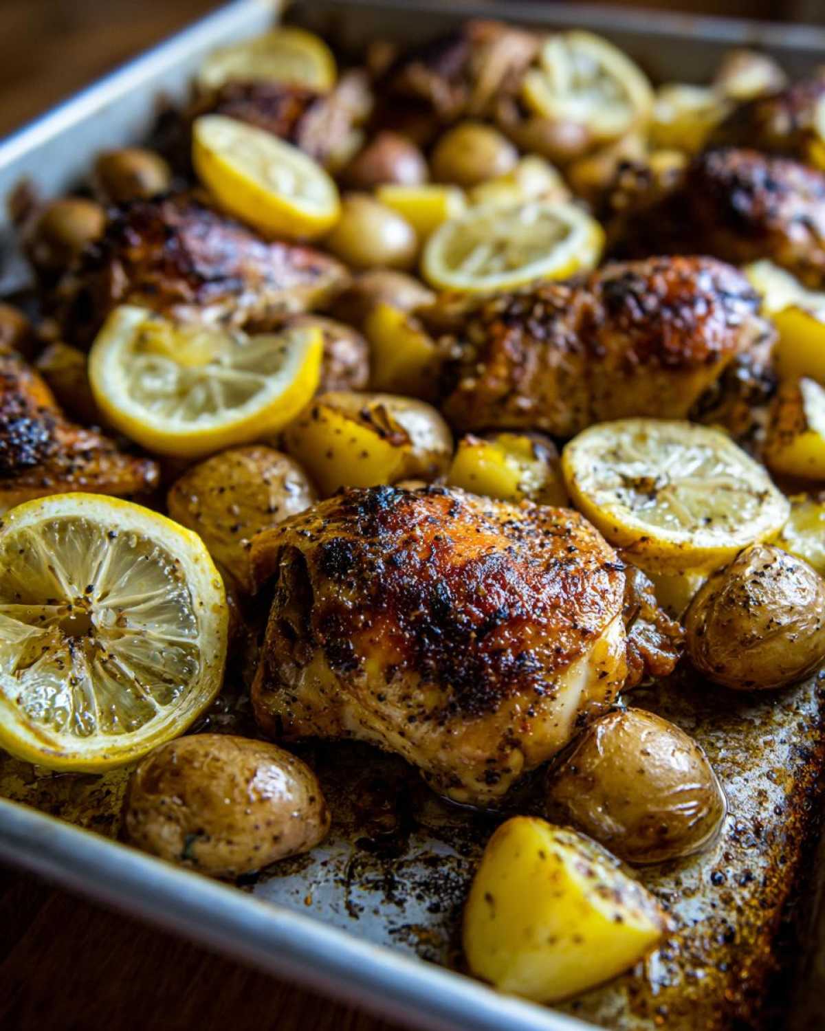 Close-up of crispy Sheet Pan Lemon Pepper Chicken and Potatoes with roasted lemon slices on a baking tray.
