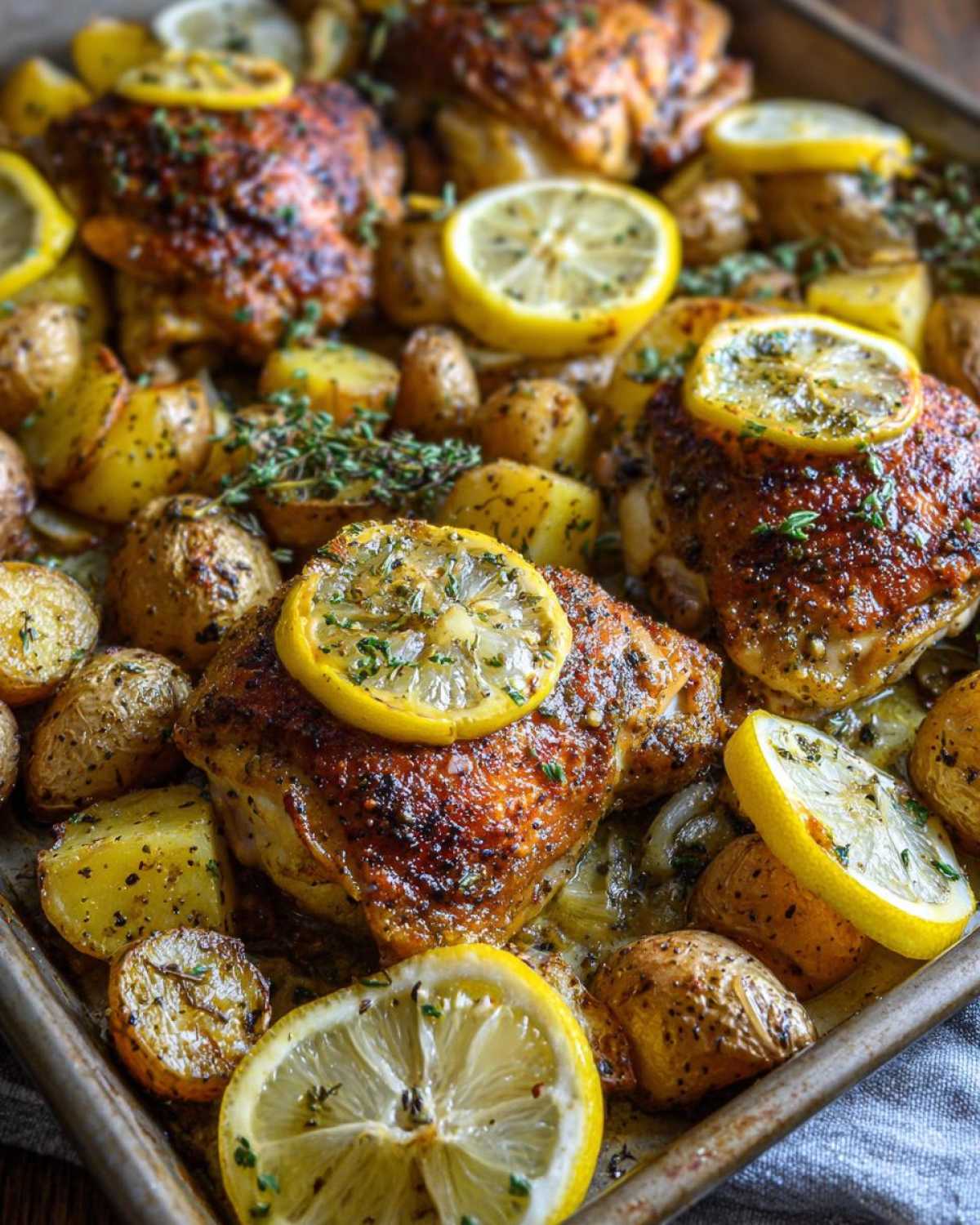 Close-up of crispy Sheet Pan Lemon Pepper Chicken and Potatoes roasted with lemon slices and herbs.