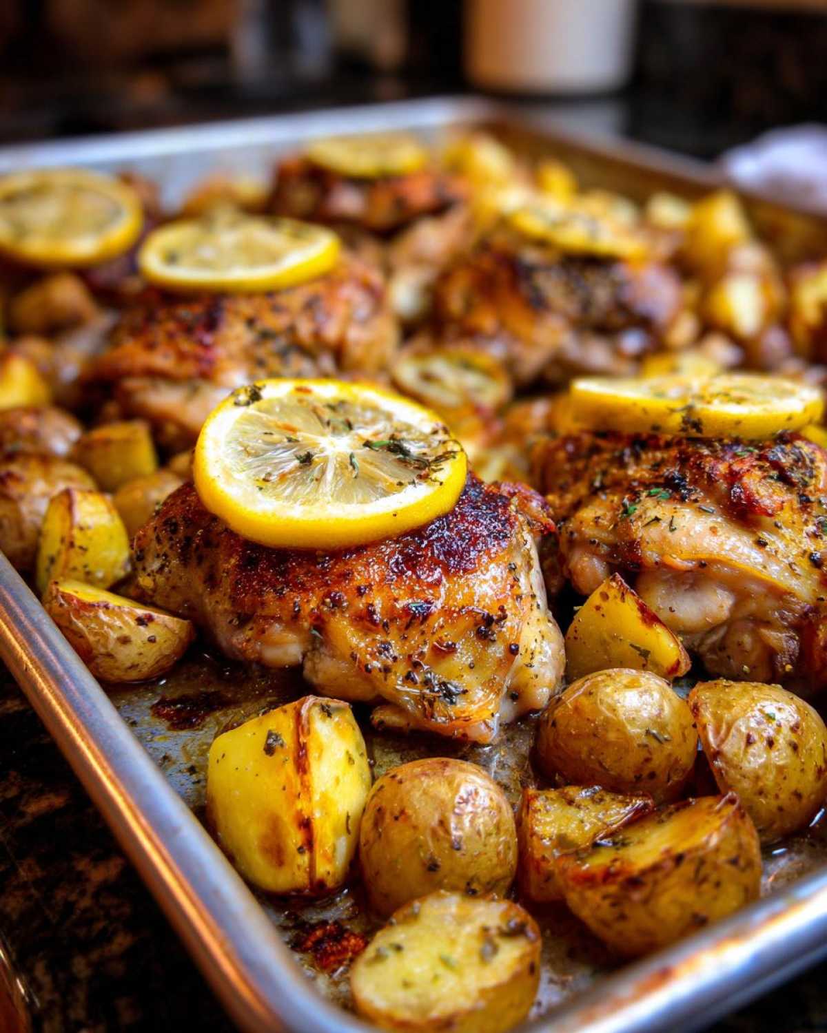 Close-up of Sheet Pan Lemon Pepper Chicken and Potatoes with crispy skin and roasted potatoes, topped with lemon slices.