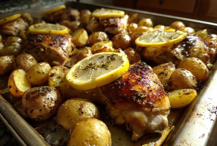 Close-up of golden brown Sheet Pan Lemon Pepper Chicken and Potatoes garnished with lemon slices and herbs.